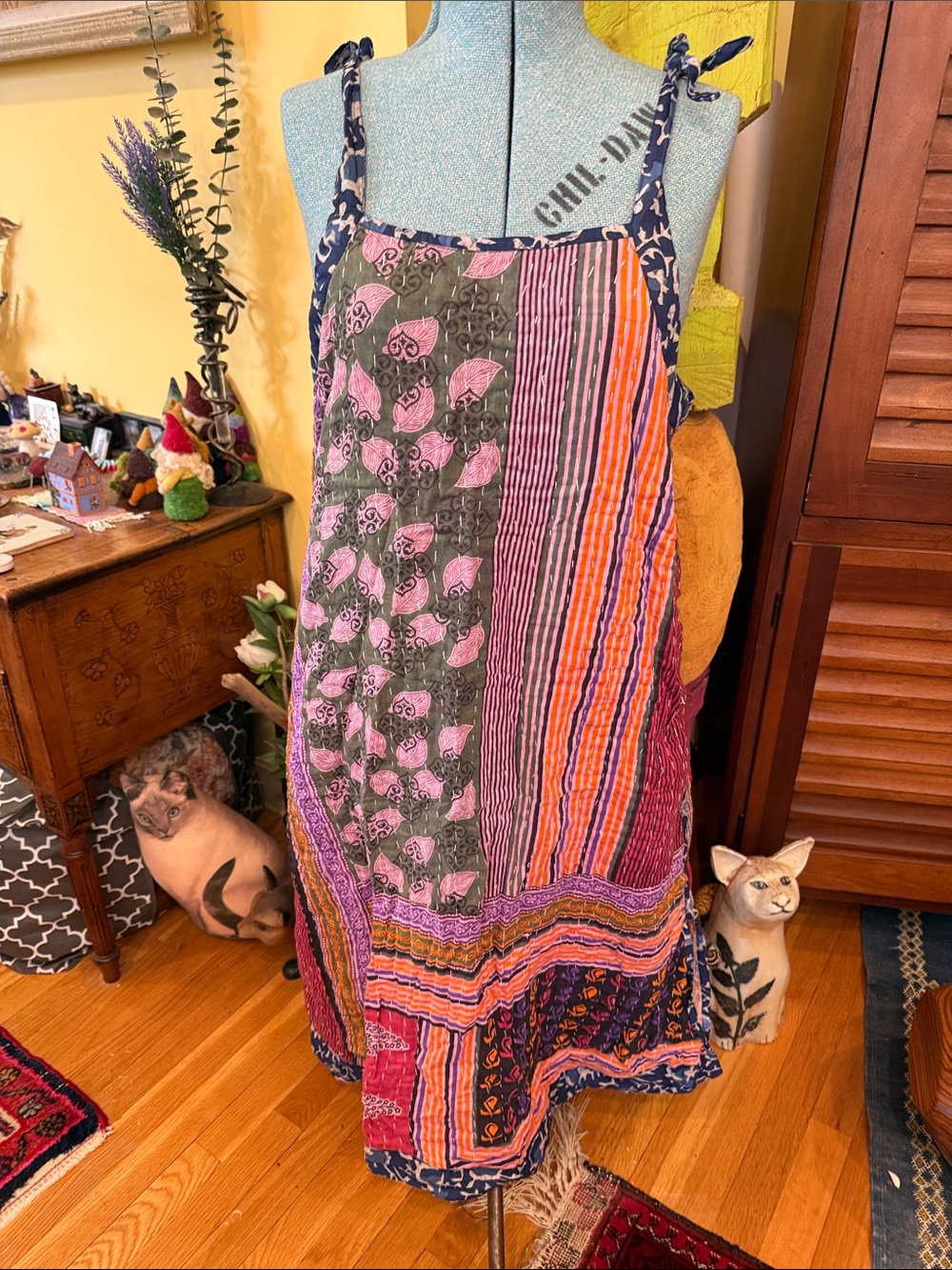 Bohemian kantha Patchwork Sleeveless Dress in Pink & Orange